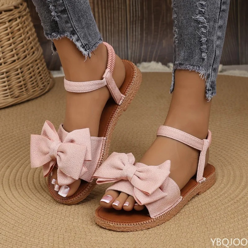 Summer Women Antislip Trend Sandals Lightweight Fashionable Beach Casual Slippers Outdoor Bow Tie Flat Shoes 250605
