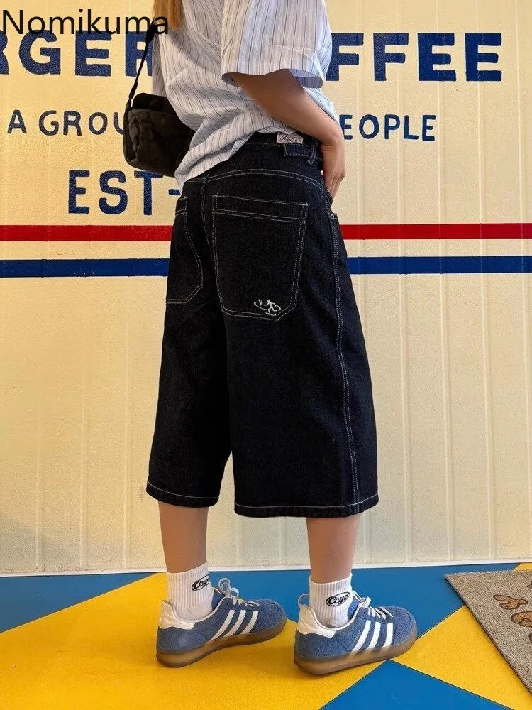 Bottoms Streetwear Casual Jeans High Waist Vintage Wide Leg Shorts Fashion Korean Summer Denim Trousers Womens Pants 250604