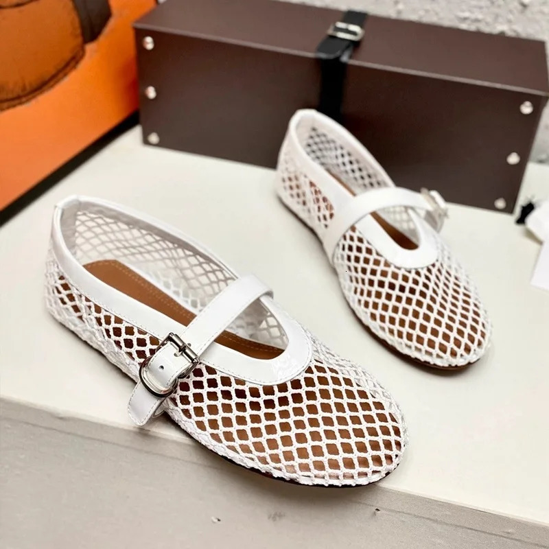 Fishing Net Shoes Womens Flat Mary Janes Shoes Summer Shallow Buckle Strap Sandals Ladies Summer Cut Out Loafers 250603