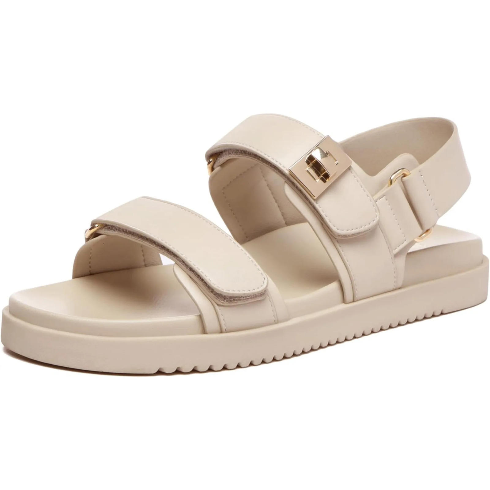 Womens Flat Sandals Comfort Adjustable Double Strap Slip on Leather Footbed shoes for women 250605