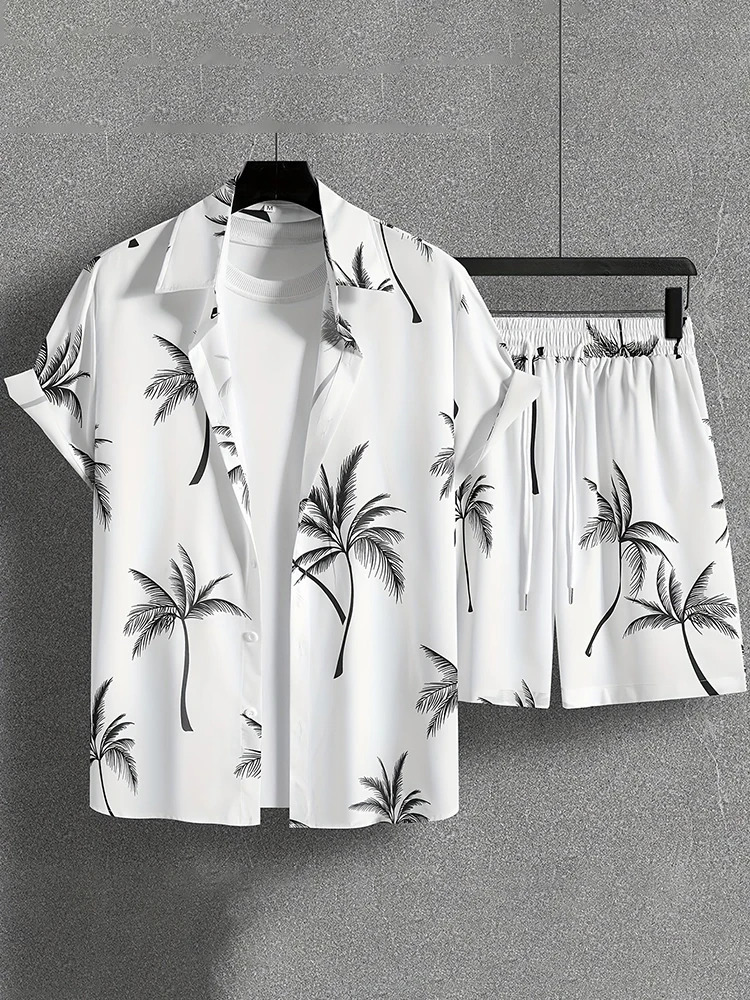 Fashion Hawaii Set Coconut Print Mens Shirt 2 Piece 3D Holiday Set Short Sleeve Casual Shirt Beach Two Piece Mens Set 250603