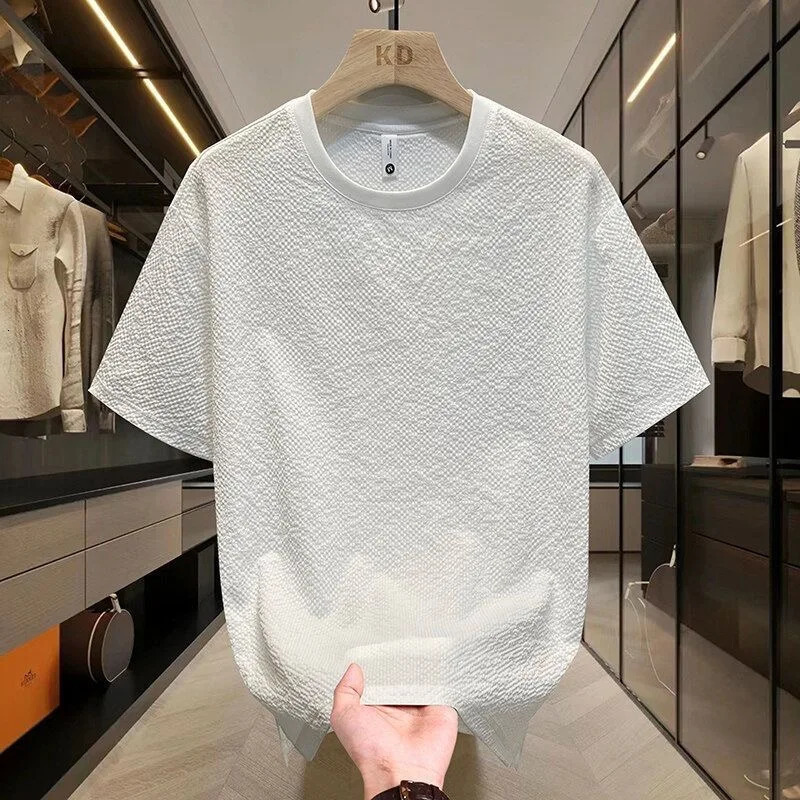 Texture Senior Summer Men T Shirts Round Neck Casual Solid Color Korean Breathable Short Sleeve Tops Outwear 250605A