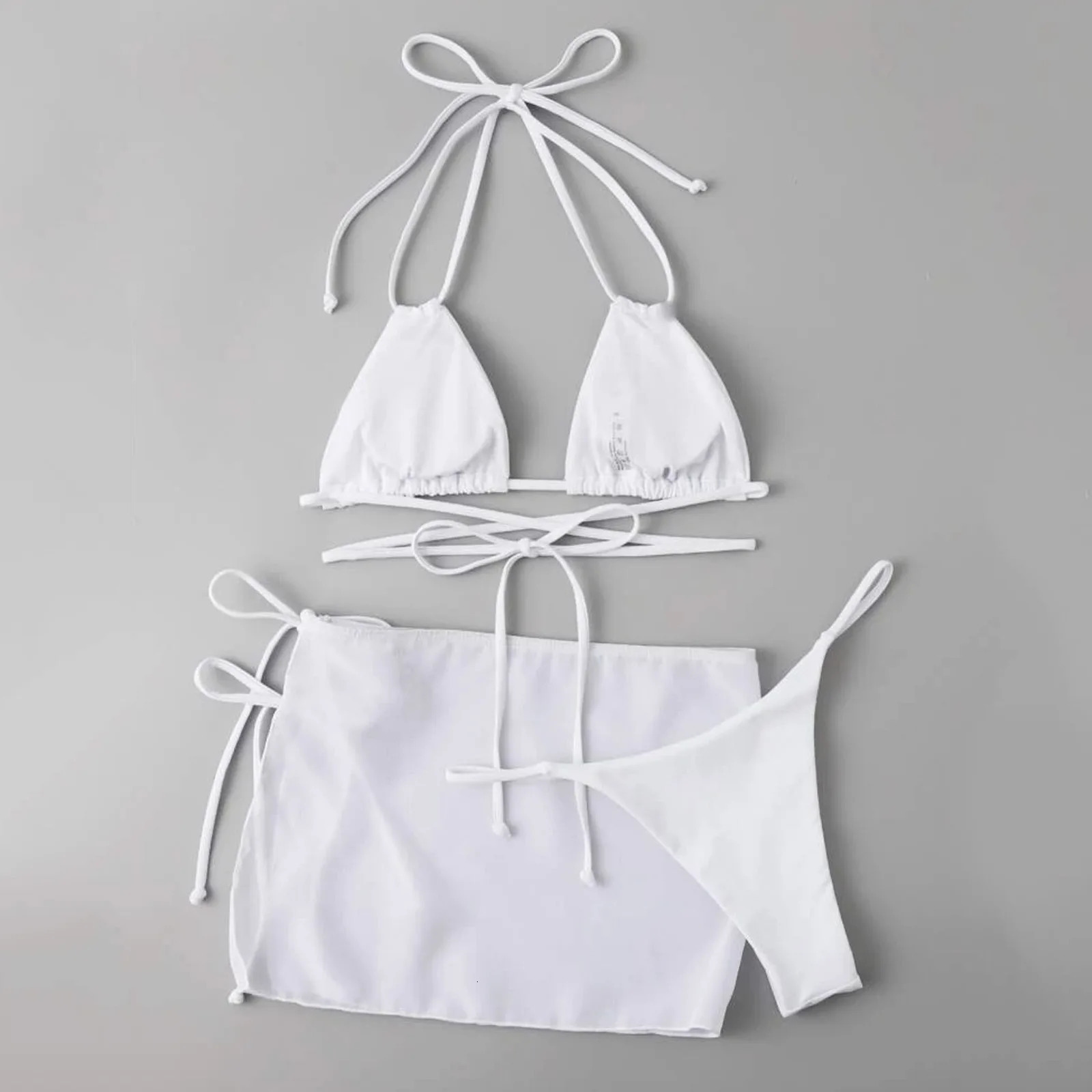 Womens Summer Swim Suit Solid Color Drawstring Strap Three Pieces Beachwear Sexy Bikinis Sets Quick Drying Women Swimsuit 250530