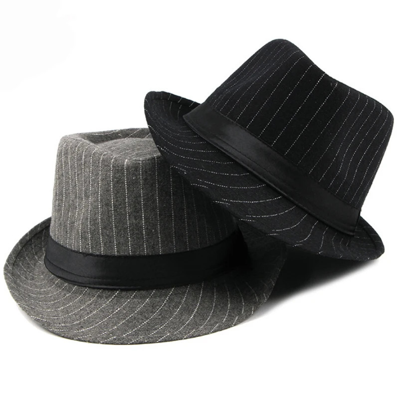 HT1516 Fashion Men Fedora Hat British Style Striped Trilby Hat Classic Retro Derby Bowler Jazz Hat Casual Grey Black Fedoras 250605