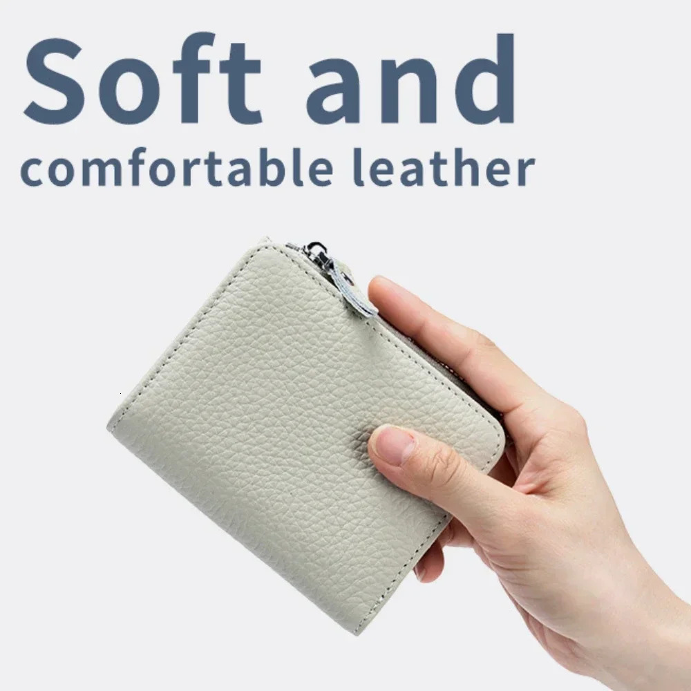 Genuine Leather RFID Short Wallets Card Holder Bag Portable Cowhide Small Zipper Money Coin Purse for Men Women Earphone Pouch 250605