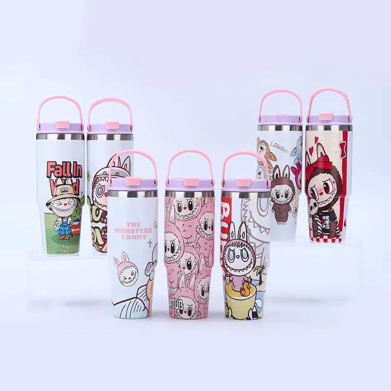 2024 New Cartoon Pattern Handheld Labubu Car Cup Stainless Steel Insulated Cup High Beauty Car Straw Ice King Cup Christmas Gift X2506051