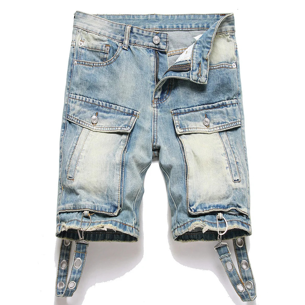 Men Multi Pockets Cargo Denim Shorts Summer Punk Rivet Blue Jeans Ripped Hem Knee Length Breeches 250604
