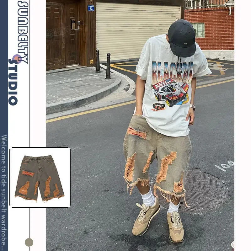 Casual Shorts Street Washed Distressed Raw Hem Ripped Denim Retro Men Clothing Summer Loose Straight Knee Length Solid Pants 250529