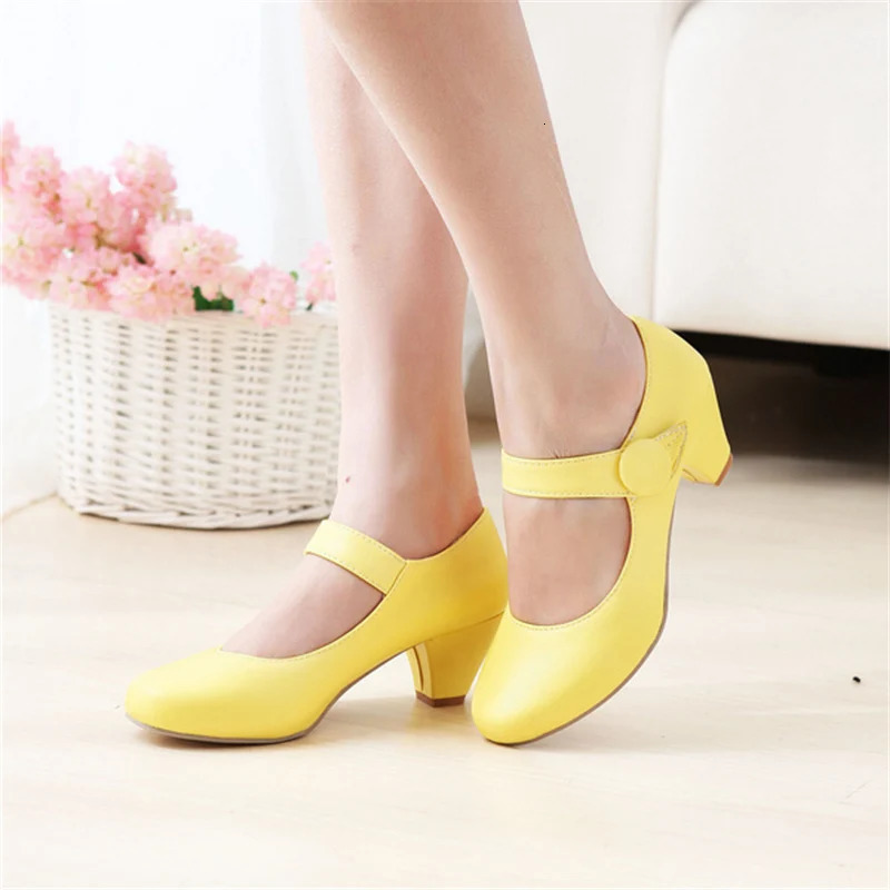 Yellow Womens Block Low Heels Mary Janes Shoes Fashion Comfortable Pumps Strap Beige Pink Party Wedding Shoes Ladies Casual 250604