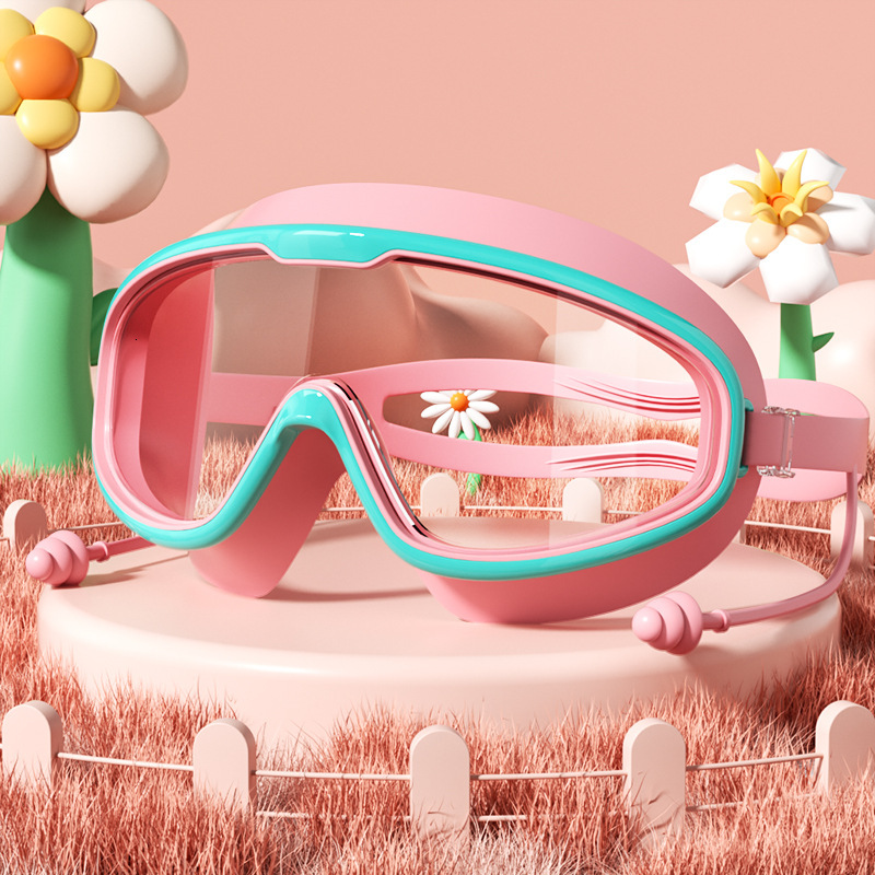 Children's Large Frame Swim HD Waterproof Anti-Fog Swimming Glasses for Students and Babies with Integrated Earplugs Diving Goggles
