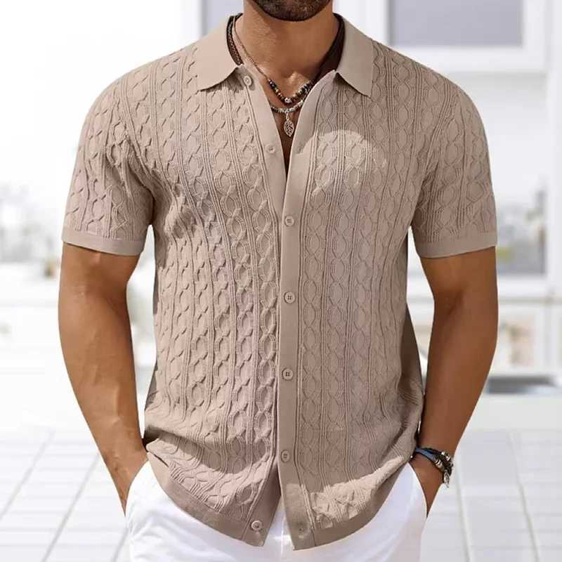 Summe Embroidery Mens Short Sleeved Fashion Knitted Shirt 2025 Mens Business Solid Color Casual Button Cardigan POLO Shirt Top XJ250605