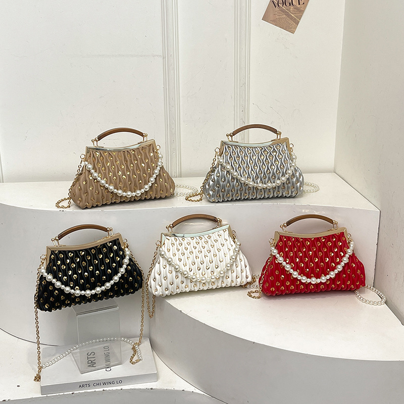High Quality New Style Chain Beaded Handbag Evening Bag for Women 2025 New Fashion Single Shoulder Bag Retro Texture Crossbody Bag New Free Delivery D