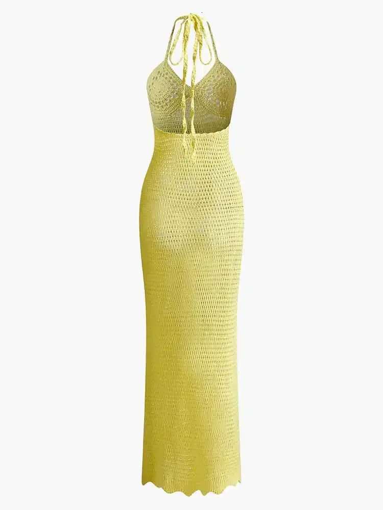 Solid Colour Sexy Knit Cut Out Holiday Beach Dresses Womens 2025 Summer Sexy V-Neck Spaghetti Strap Bodycon Maxi Dress K32 250604