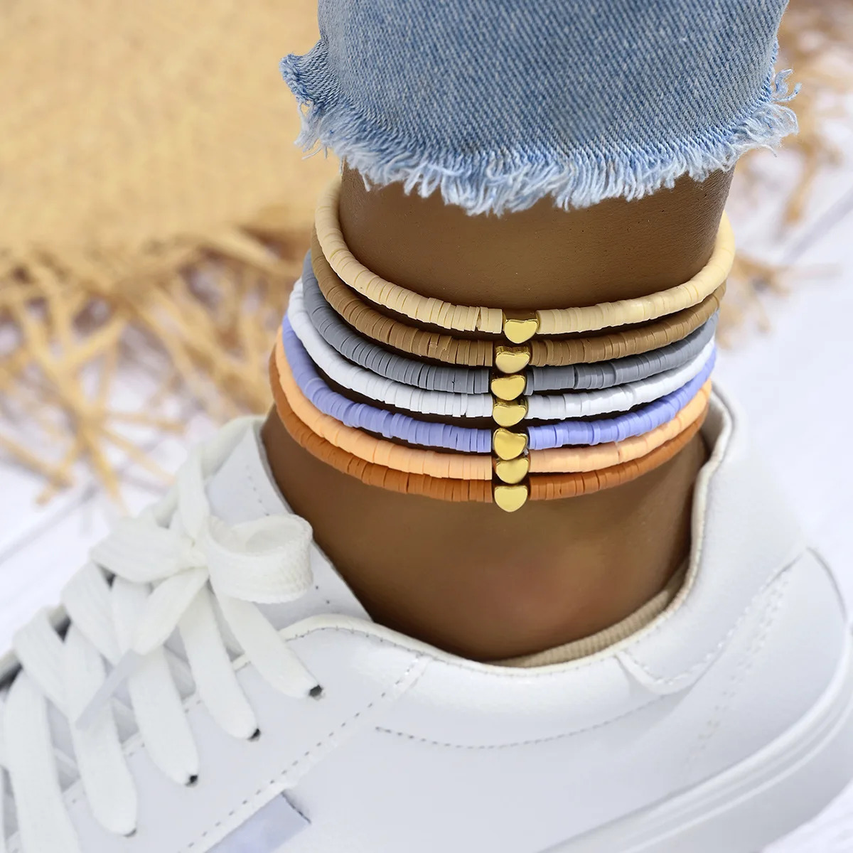 7Pcs Colorful Stackable Anklet Set For Women Heart Charm Soft Clay Pottery Layering Ankle Bracelet Girls Summer Beach Jewelry 250528