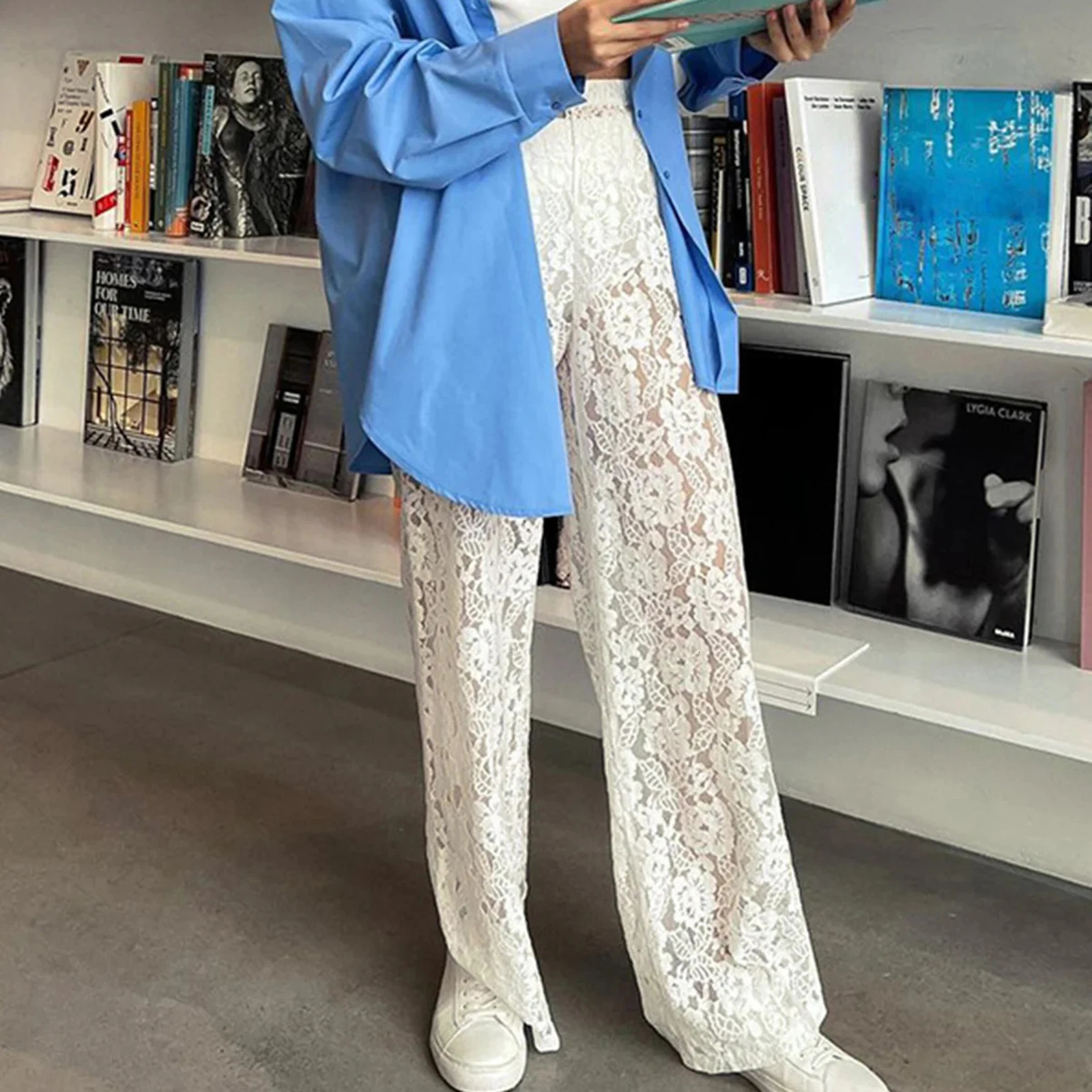 Vintage Women Wide Leg Pants Casual Loose Sheer Lace High Waist Trousers for Work Office Y2K Aesthetic Streetwear 250604