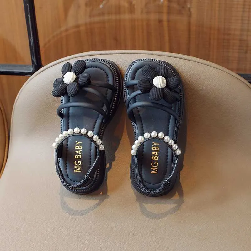 Sandals Childrens Girls Fashion Flower Pearl Sandals 2024 Summer Princess Breathable Non-Slip Sandals Flat Beach Soft Shoes for Kids z250708U378