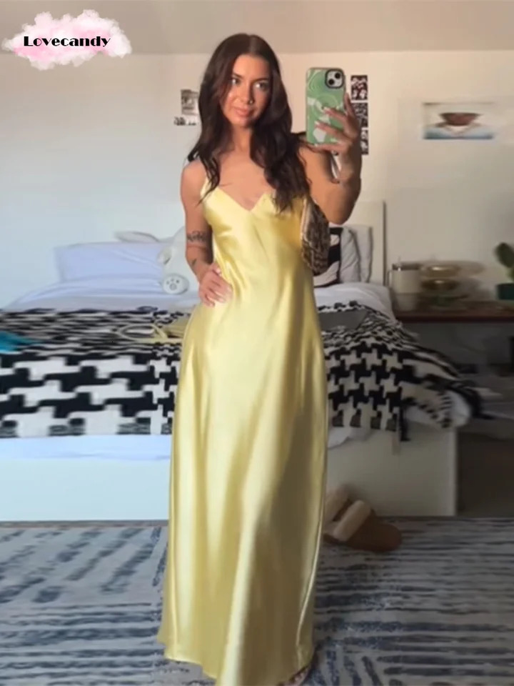 Elegant Yellow Satin Sling Dresses Women Sexy Sleeveless Backless Loose Party Lady Slim Fit V Neck Club Evening Robes 250604