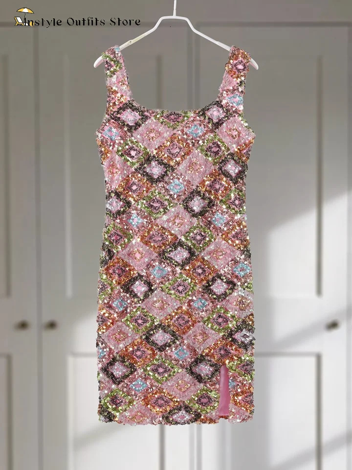 Sequined Mini Dresses Women Slim Square Collar Sleeveless Backless Party Dress Lady Summer Shine Robe Woman Holiday Stylish 250604