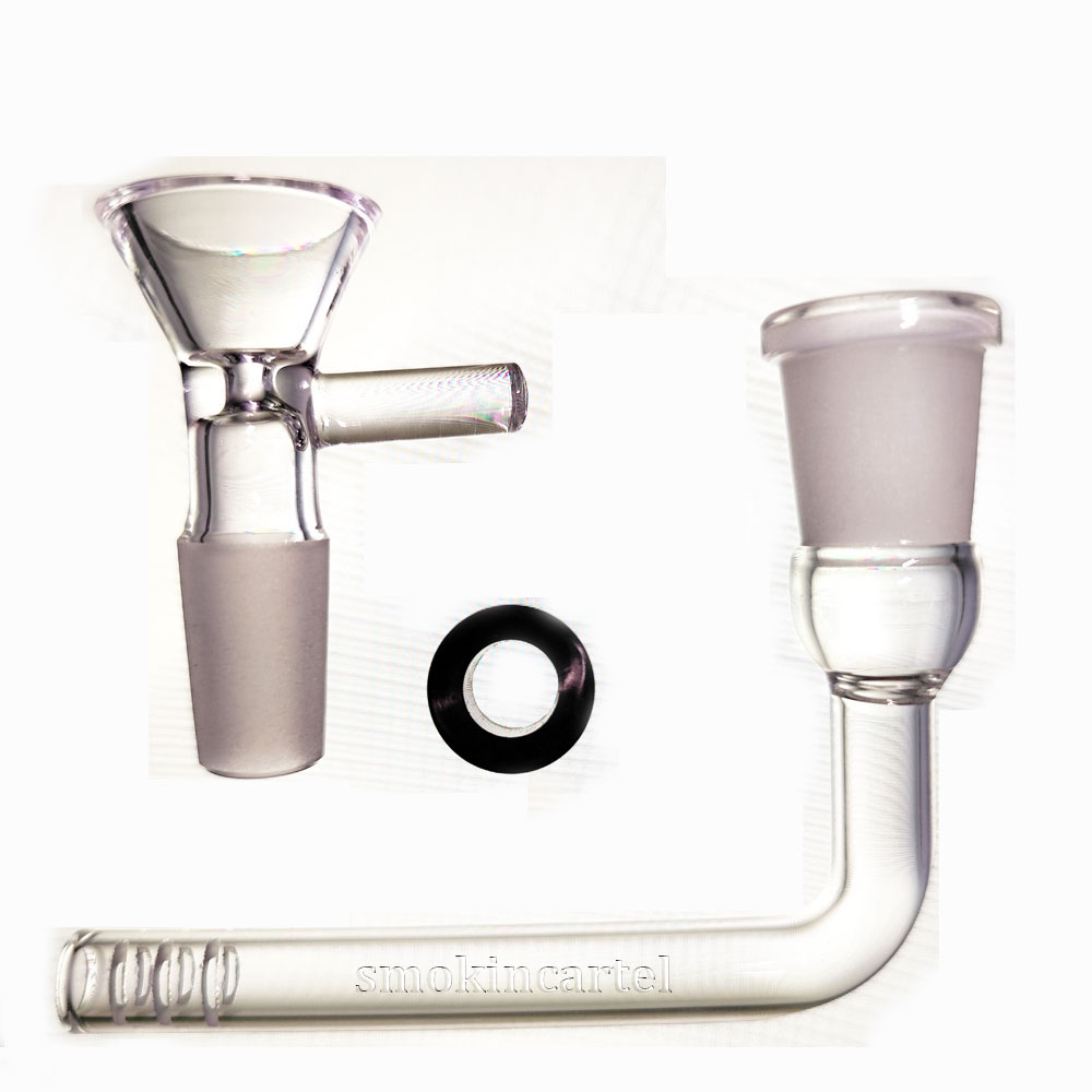 L Shaped Glass Downstem Diffuser Adapter Set with 14mm Smoking Bowl and Silicone Sealing Ring Downstem For Glass Hookahs Water Pipe Bong Glass Bubbler Dab Rigs