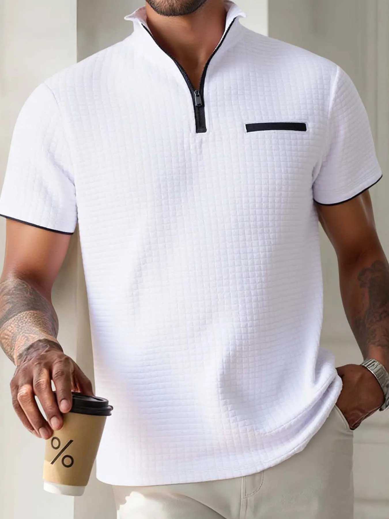 Mens sporty casual and simple POLO shirt with jacquard check pattern stand-up collar semi-zipper slim short-sleeved shirt XJ250605