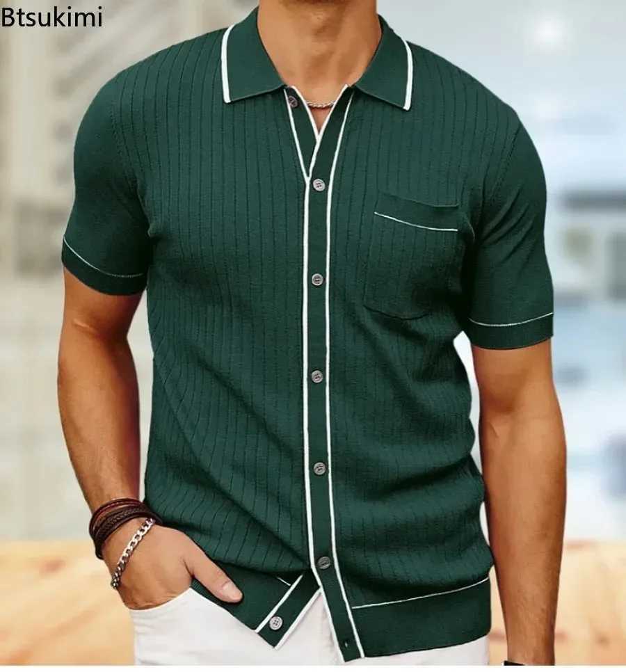 2025 Mens Striped Short Sleeve Knitted Shirts Summer New Comfy Breathable Casual Business Polo Shirts Men Golf Sport Loose Tops XJ250605