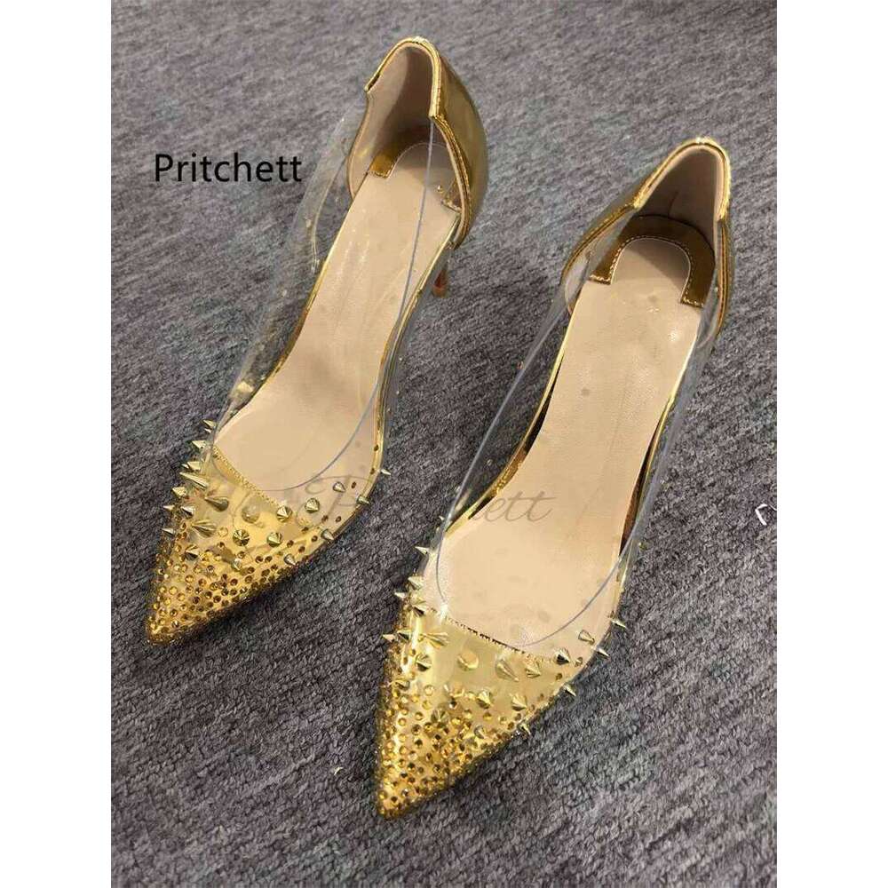 Gold Rivet Transparent Pvc High Heels Pumps for Women Crystal Rhinestone Pointed Toe Slip On Stryle Wedding Party Shoes