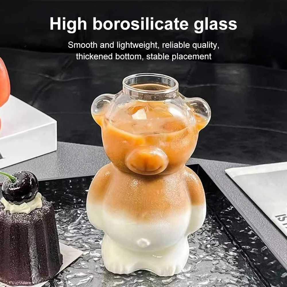 320ML Creative Cute Bear Coffee Mug with Straw Transparent Cup Beer Milk Coffee Water Cups Wholesale Glass Drinkware Mug Set X250605