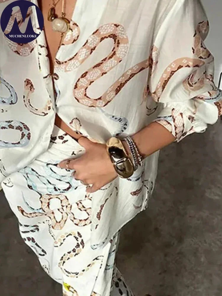 Womens Printed V Neck Shirt Dress Long Sleeves Fashionable Casual Loose High Waisted Slit Skirt Summer 2025 250605Z