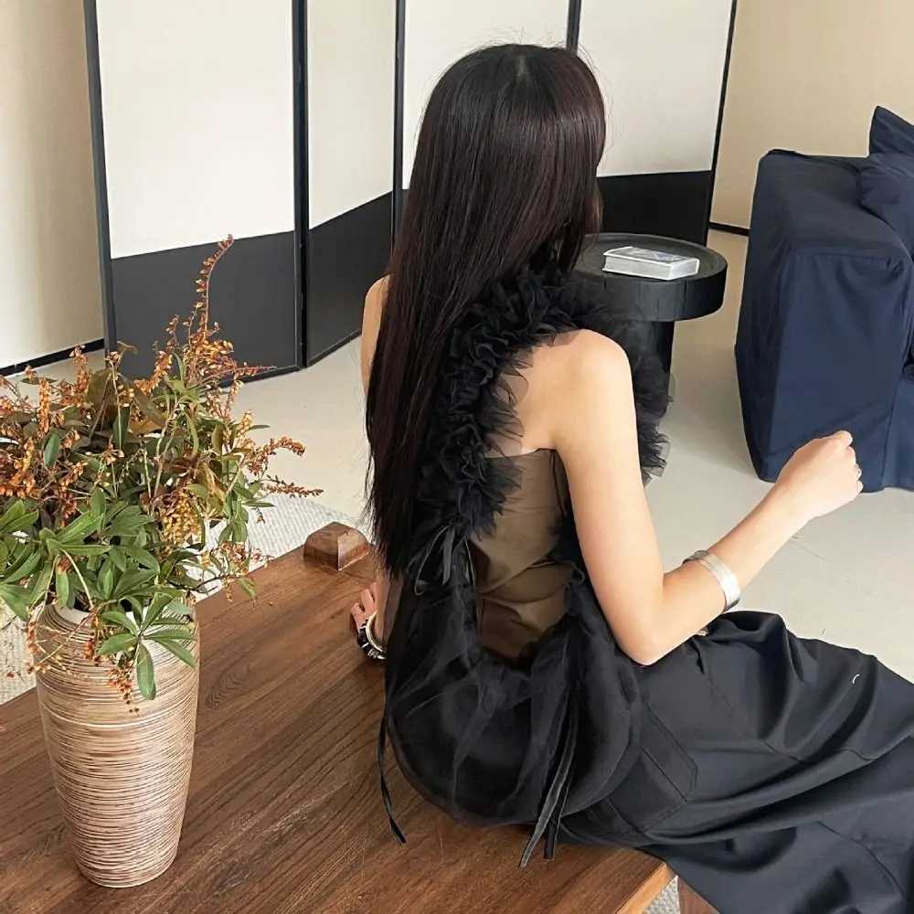 Drawstring Design Mesh Tote Bag Sweet Polyester Solid Color Lace Shoulder Bag Dumpling Shape Pleated Underarm Pouch Shopping XJ250605