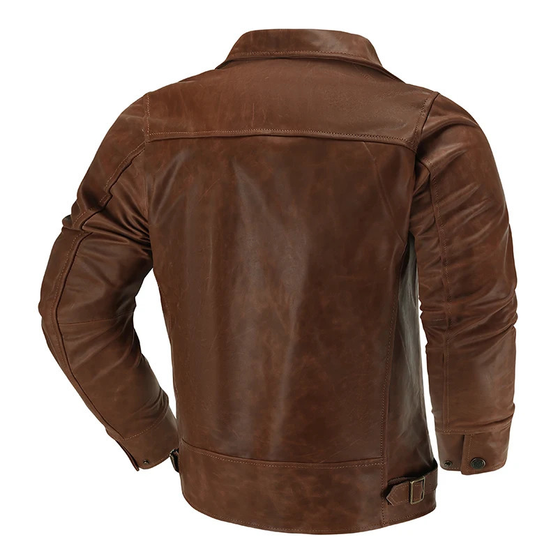 First Layer Cowhide Waxed Leather Tuxedo Motorcycle Leather Jacket Mens Biker Jacket Slim Lapel Short Coat 250530