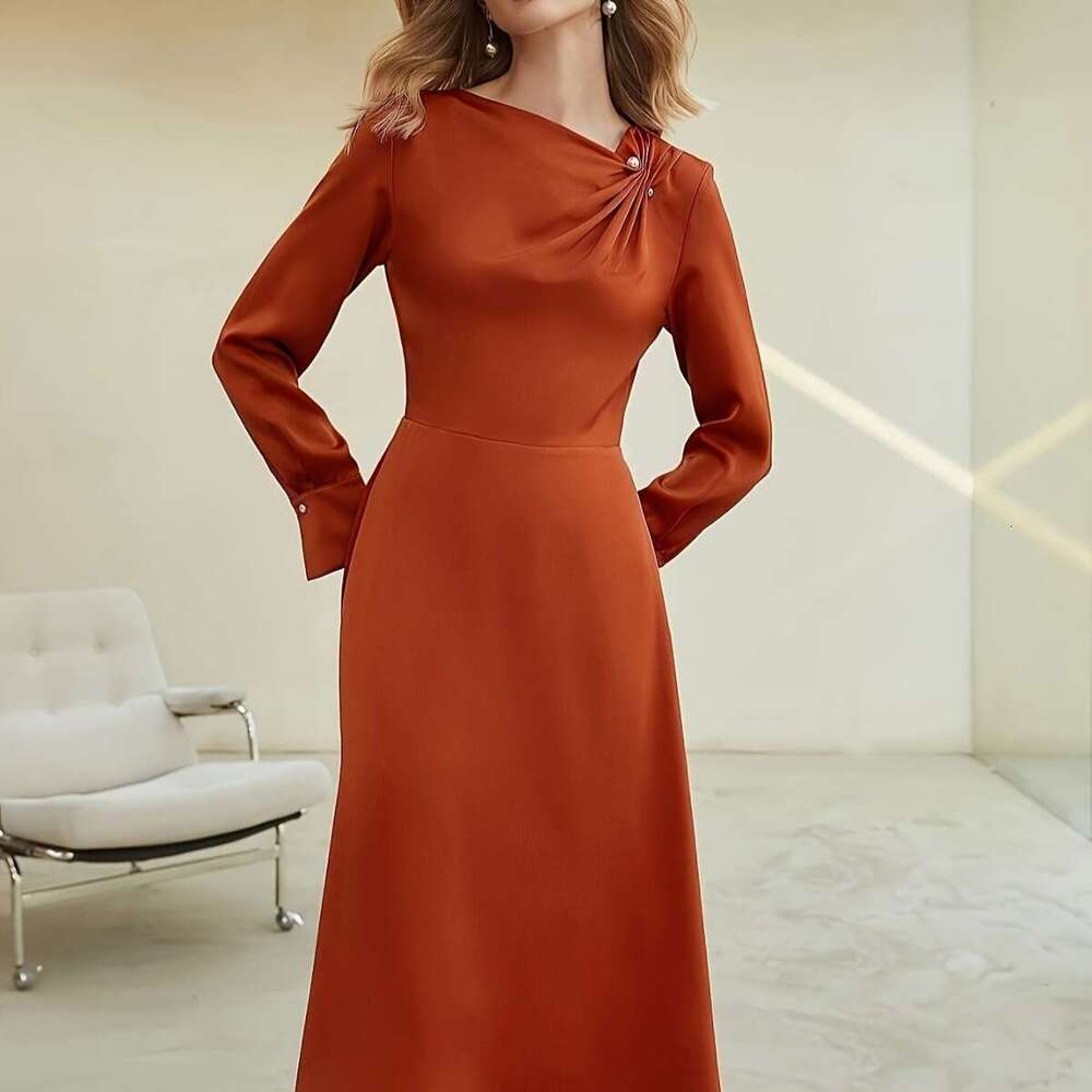 New Temu Solid Color Sleeve Fashion Elegant Long Waist-Cinching Women's Dress B5