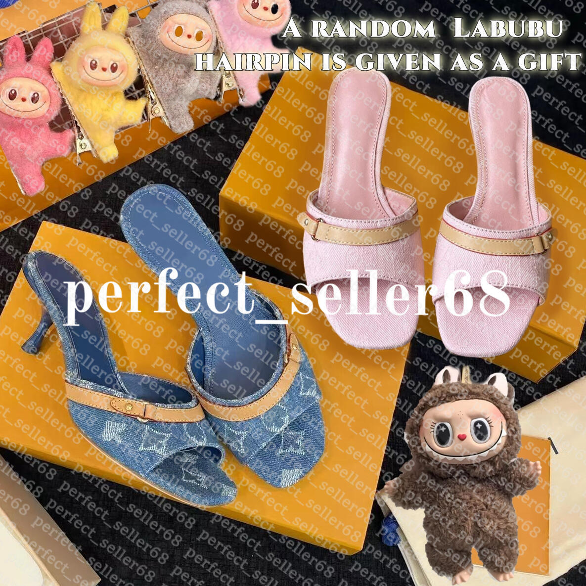 Designer Pink Denim Heels Slippers Sandals LABUBU Womens Denim heel Slides Blue Mule Woman Revival Leather Heel Kitten Heel Beach casual Sliders Takashi Murakami