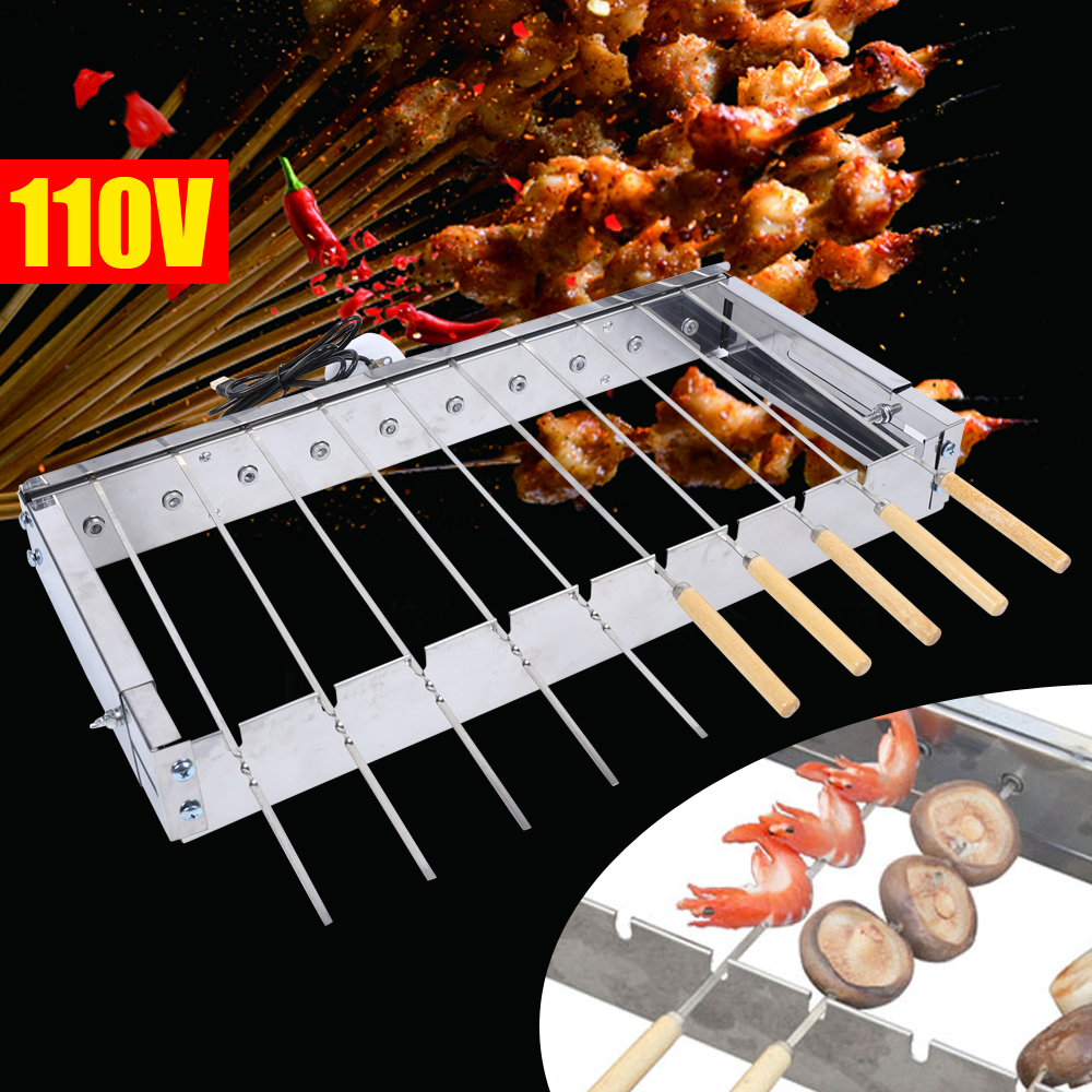10 Holes Automatic Rotating Skewer Turner, Outdoors Portable Automatic BBQ Flipping Rotating Rotisserie Grill Skewer Shelf, Stainless Steel Adjusted W