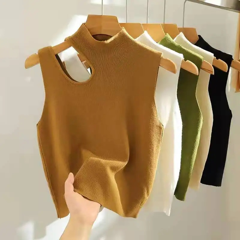 AOSSVIAO 2025 Hollow Out Pullover Knitted Tank Top Summer Fall Slim Sweater Sleeveless Solid Half High Collar Sweaters 250530