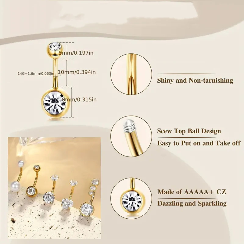 Set of 5pcs Elegant 14G Stainless Steel Belly Button Ring for Women Sparkling Cubic Zirconia Pearl Inlays for Vacation Daily 250530