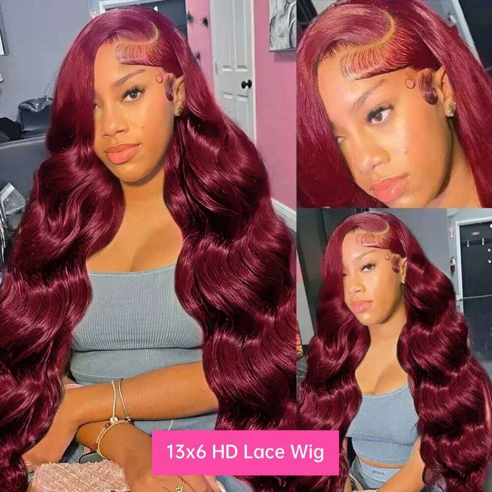 Bury Body Wave Front Human Hair 99J Red Colored 13x4 13x6 HD Lace Brazilian Frontal Pre Plucked 200 Density Women Wigs