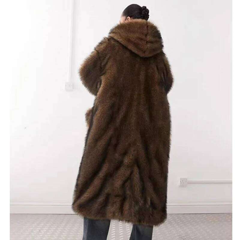 New faux fox fur Wolf skin coat, women's long winter thick and hooded