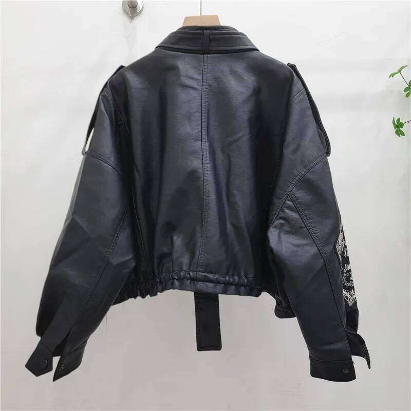 YEAE Ms. 2025 Spring and Autumn New Vintage Locomotive Printed High Waist Skinny Washed PU Leather Jacket Tide