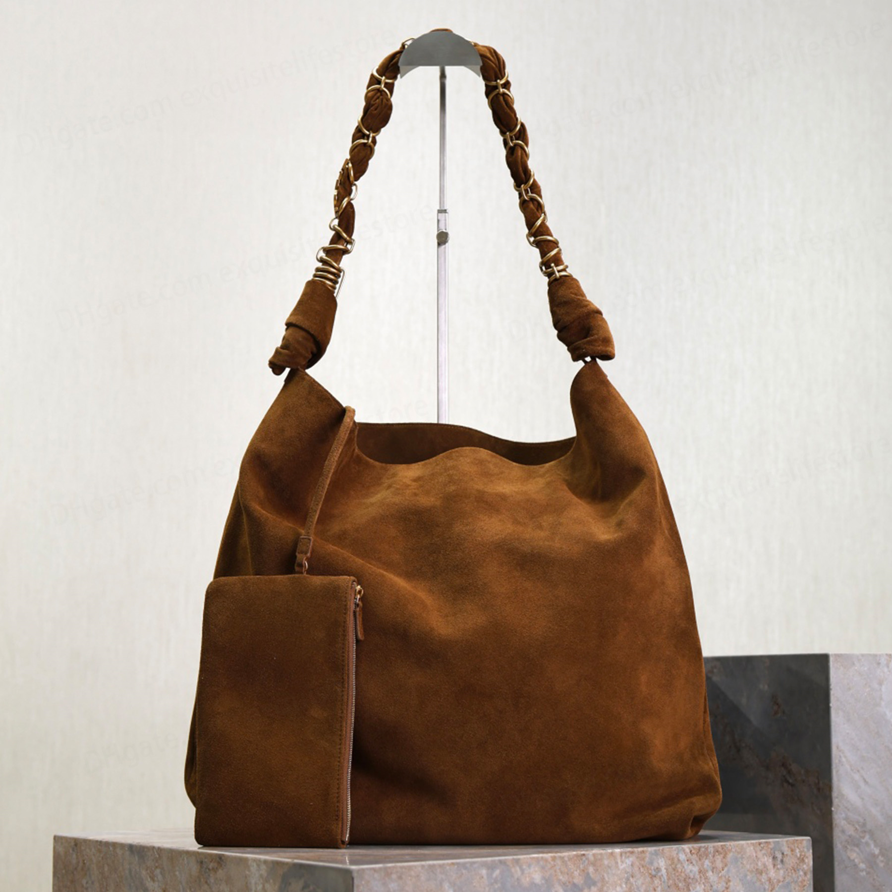 Large Capacity Suede Shoulder Bag Luxury Designer Soft Genuine Leather Handbag Cotton Lining Clutch Bag Golden Hardware Tote Bag Women Casual Shopping Purse