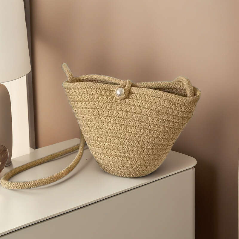 Crossbody Straw Phone Coin Key Hollow Cotton Thread Woven Casual Cute Women's Bag