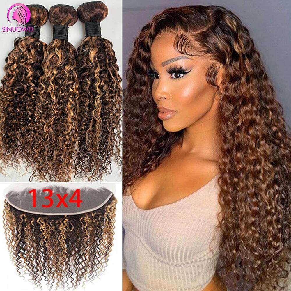 Highlight Water Wave Remy Extension Human Hair Bundles With 13x4 4x4 Lace Closure For Women
