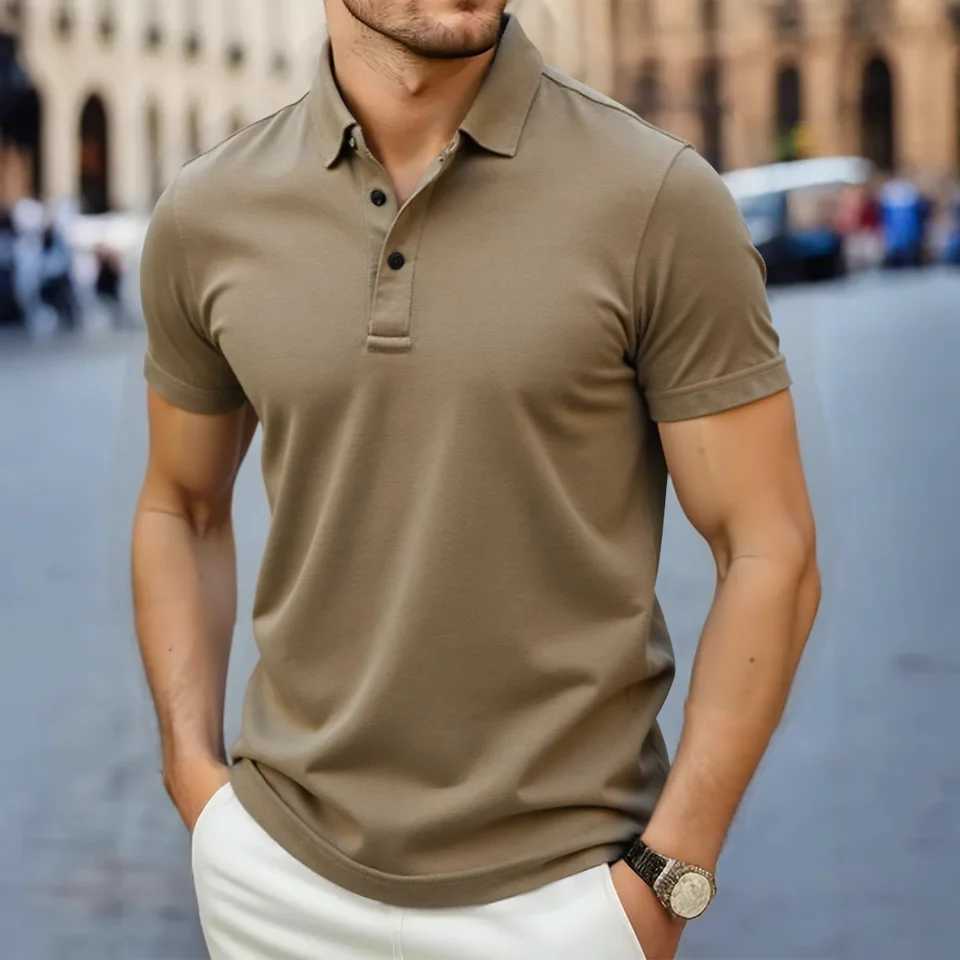 New Mens Business Casual Short Sleeve Shirt Solid Color Polo Shirt Fashionable Breathable Comfortable Versatile Top XJ250605