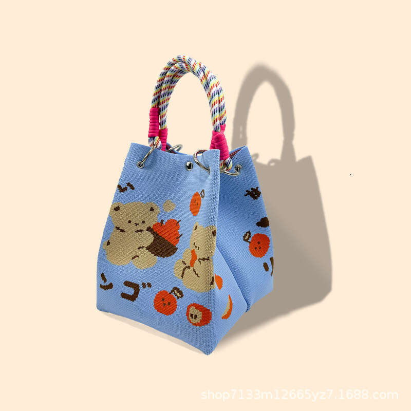 2025 New Ins Niche Design Knitted Handbag for Women Cute Bear Blue Makeup Storage Bag Fruit Pattern