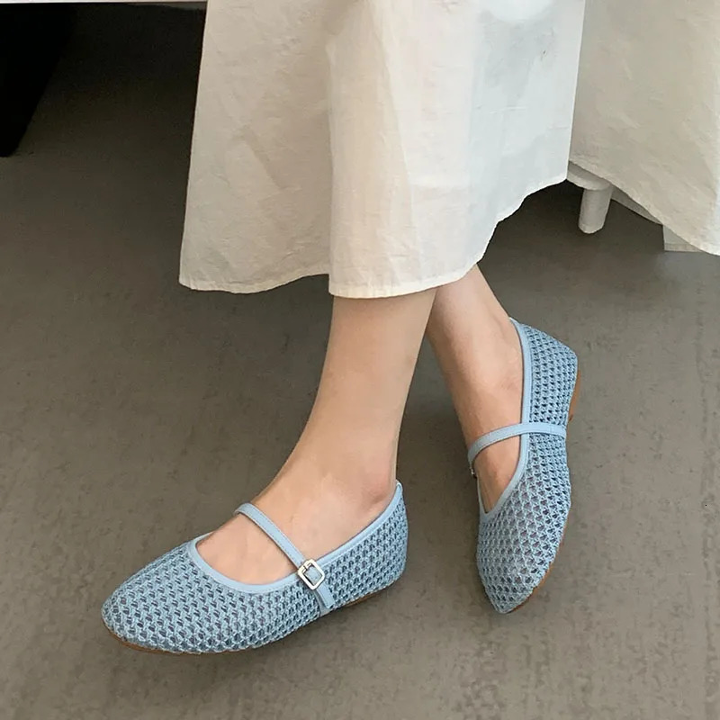 Female Buckle Strap Footwear Ladies Flats Mary Janes Shoes 2025 Fashion Mesh Shallow Women Ballet Flats Shoes 250603