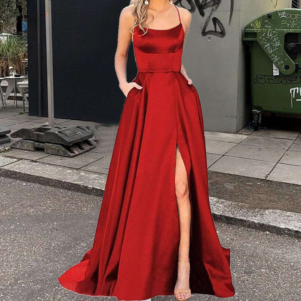 Solid color European and American long skirt slimming off-shoulder, fashionable bridesmaid group evening dress 2025 new casual versatile fashion cloth