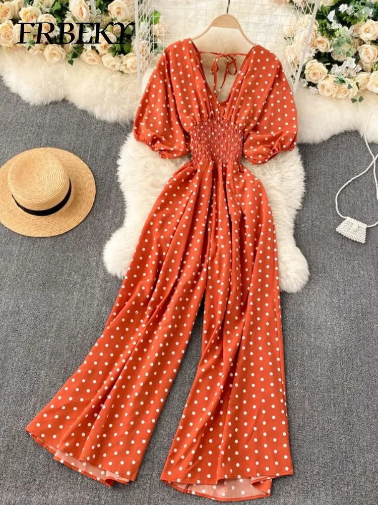 Womens Jumpsuit Summer Temperament Polka Dot Vneck High Waist Casual Wide Leg Elegant Party One Piece Jumpsuits 250604