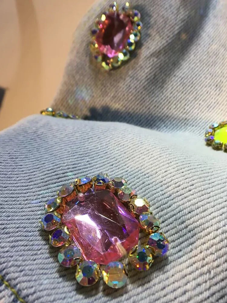 DEAT Womens Denim Shorts Colored Big Diamonds Drawstring Elastic Waist Wide Leg Short Pants Summer Fashion 29L1544 250604