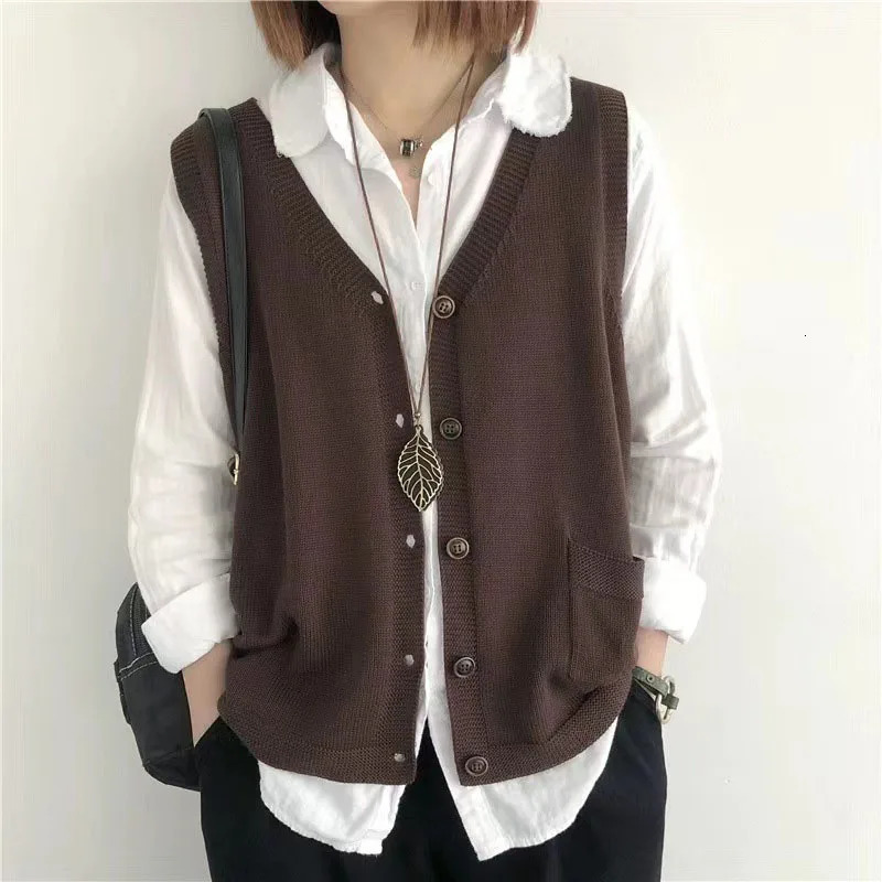 Lucyever Vintage Arts Style Knitted Vest Female Solid Color Sleeveless Button VNeck Waistcoat Women Casual Loose Knitwear Coats 250530