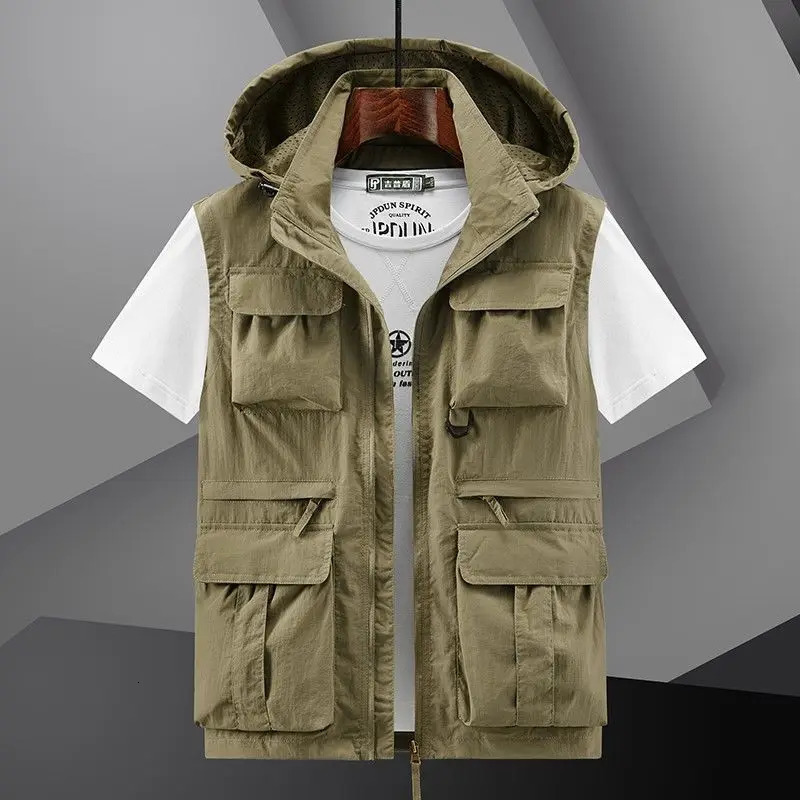 Spring Outdoor Hooded Fishing Vest Mens Solid Breathable MultiPocket High Quality Coat Detachable Hat Sports Male 250605Z