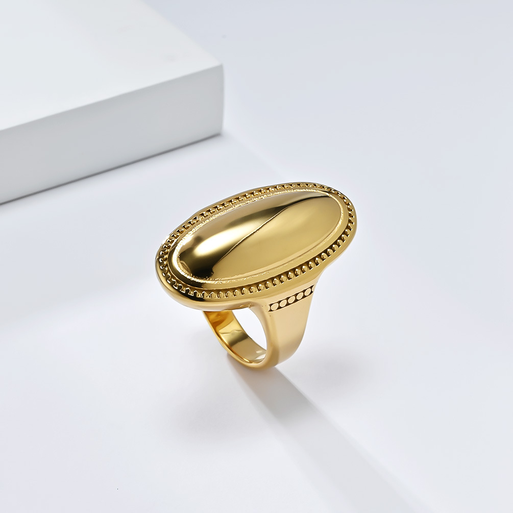 Vintage Simple Oval Ring Stainless Steel High Polished 18K Gold Plated Jewelry